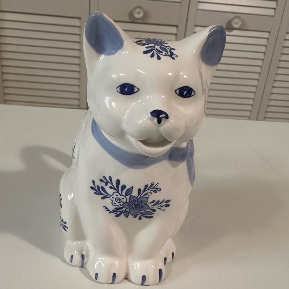 Vintage Cat Pitcher Creamer Ceramic White Kitten Figurine Blue Floral